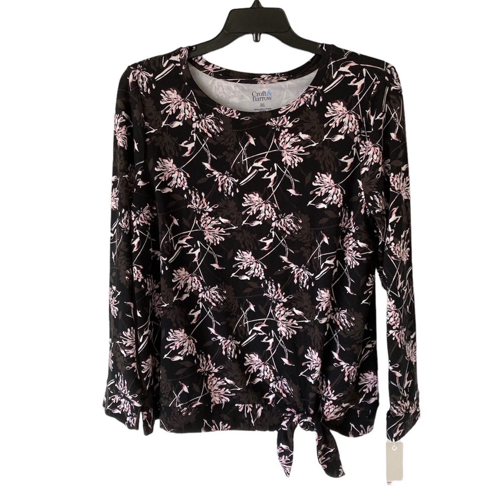 Croft & Barrow Shirt Womens 2XL Black Floral Long Sleeve Stretch Tie Waist NWT